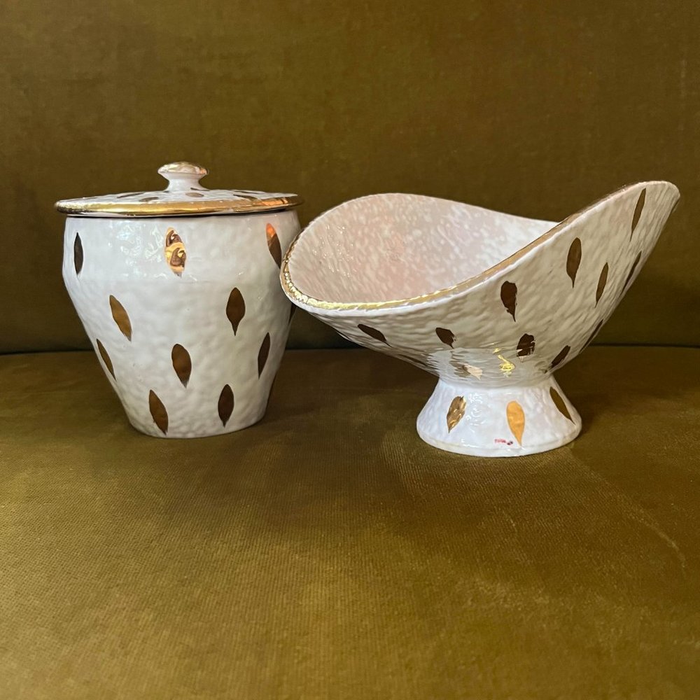 Mid Century Aldo Londi for Bitossi Feather Plume Marmalade Pot and Pedestal Bowl